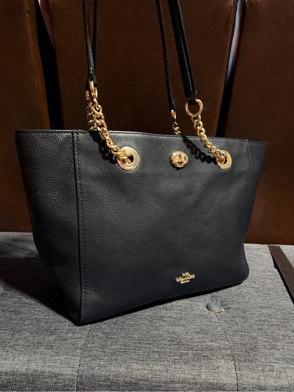 Coach Black Leather Tote with Gold Chain Details - Picture 6 of 13